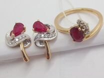 Золотой комплект серьги и кольцо бриллиант,рубин