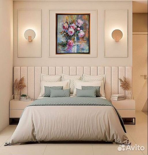 Картина маслом Пионы, букет в стеклянной вазе