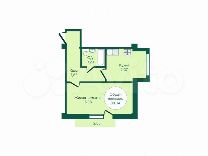 1-к. квартира, 38 м², 1/7 эт.