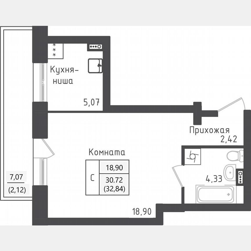 Квартира-студия, 32,8 м², 1/5 эт.