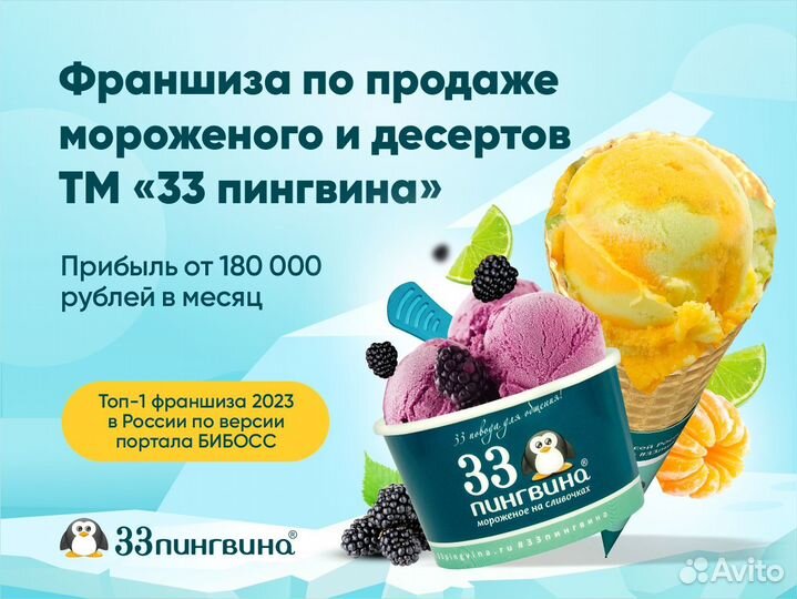 Франшиза киосков - мороженое, напитки «33 пингвина