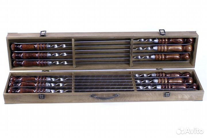 12 профессиональных шампуров в деревянной коробке