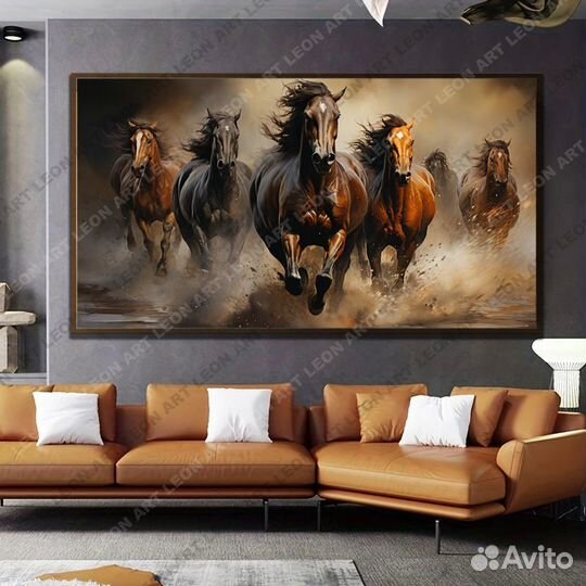 Картина эффектная с благородными лошадями конями