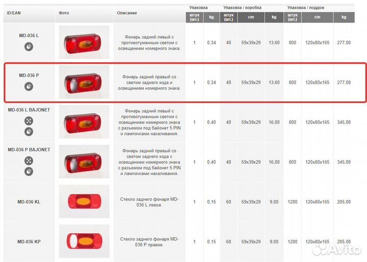 Фонарь задний на прицеп MD-036 P правый