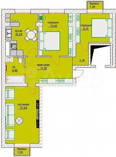 3-к. квартира, 74,3 м², 5/6 эт.