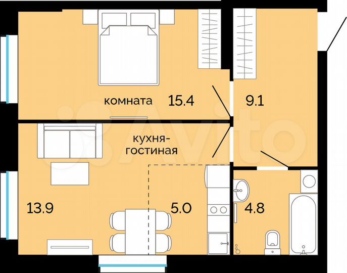 2-к. квартира, 48,2 м², 1/25 эт.