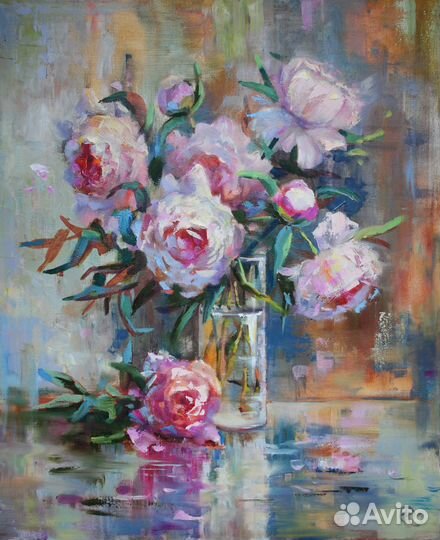 Картина маслом Пионы, букет в стеклянной вазе