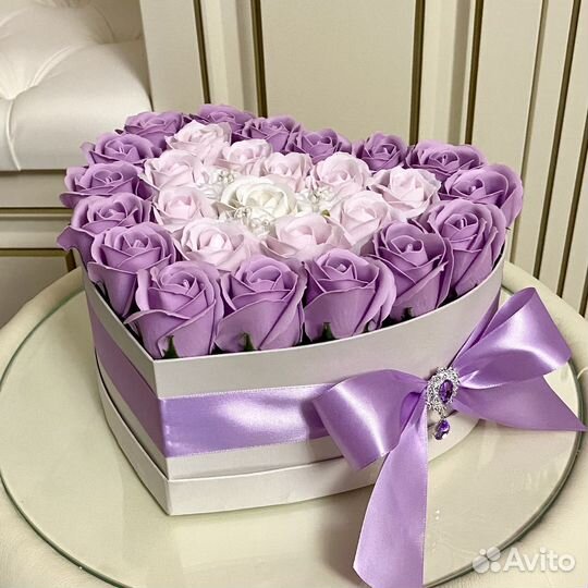 Букет сердце, мыльные розы в коробке