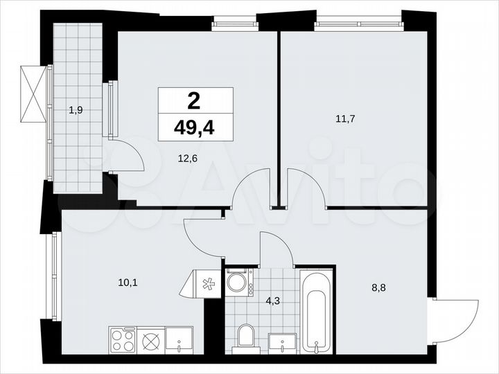 2-к. квартира, 49,4 м², 19/23 эт.