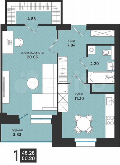 1-к. квартира, 50,2 м², 8/15 эт.