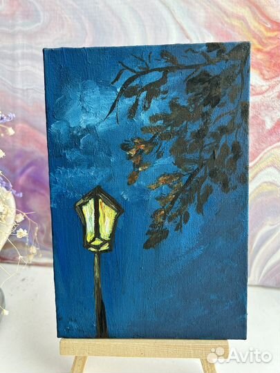 Картина акрилом, холст на картоне, фонарь