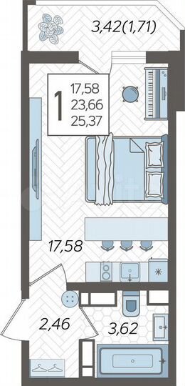 Квартира-студия, 25,4 м², 19/25 эт.