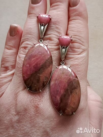 Серебряные серьги СССР с натуральным родонитом