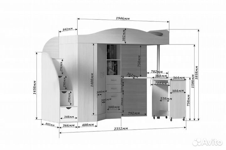 Кровать чердак со столом юниор 4