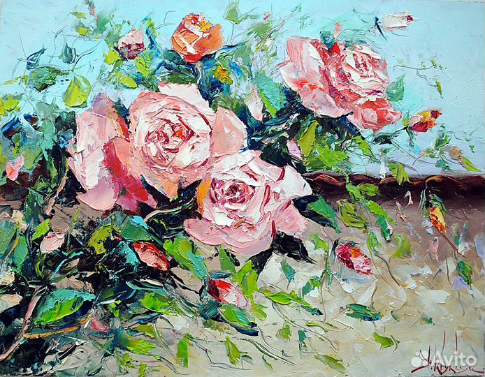 Картина маслом с розами.Картина с цветами 40х30 см