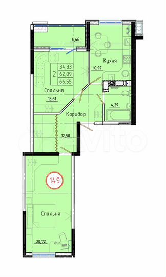 2-к. квартира, 66,6 м², 7/8 эт.