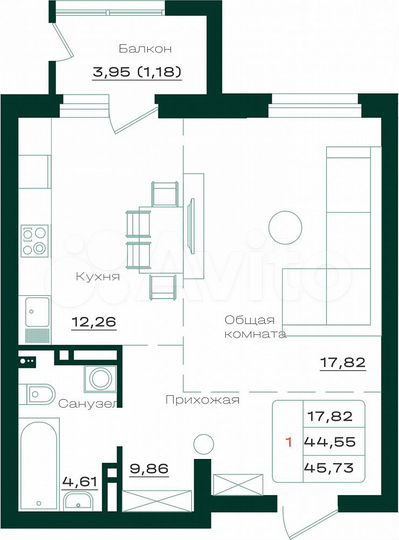 1-к. квартира, 45 м², 9/17 эт.