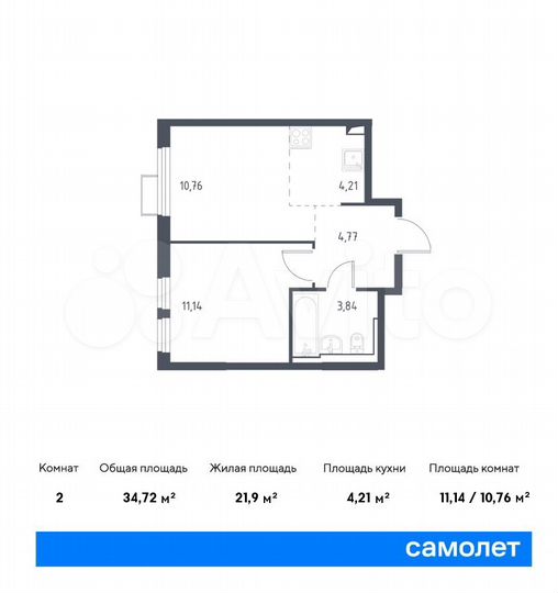 2-к. квартира, 34,7 м², 12/14 эт.