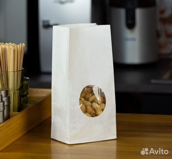 Бумажный крафт пакет с круглым окном, белый