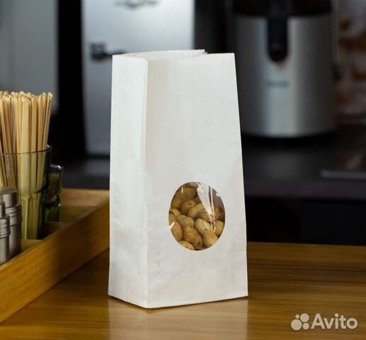 Бумажный крафт пакет с круглым окном, белый