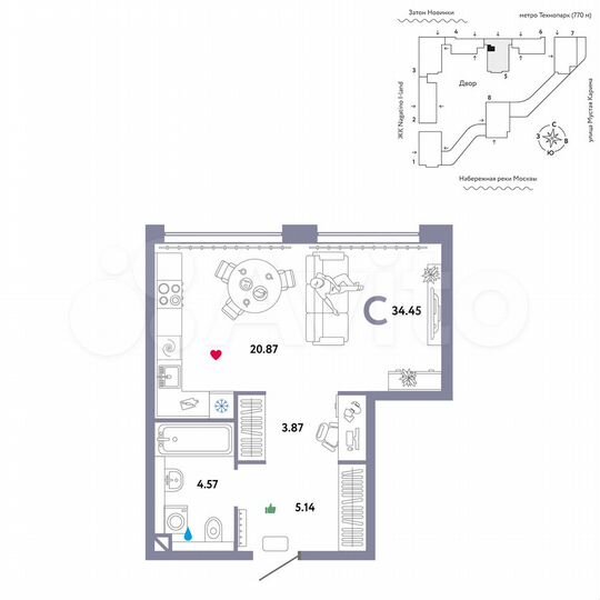 Квартира-студия, 34,5 м², 4/20 эт.