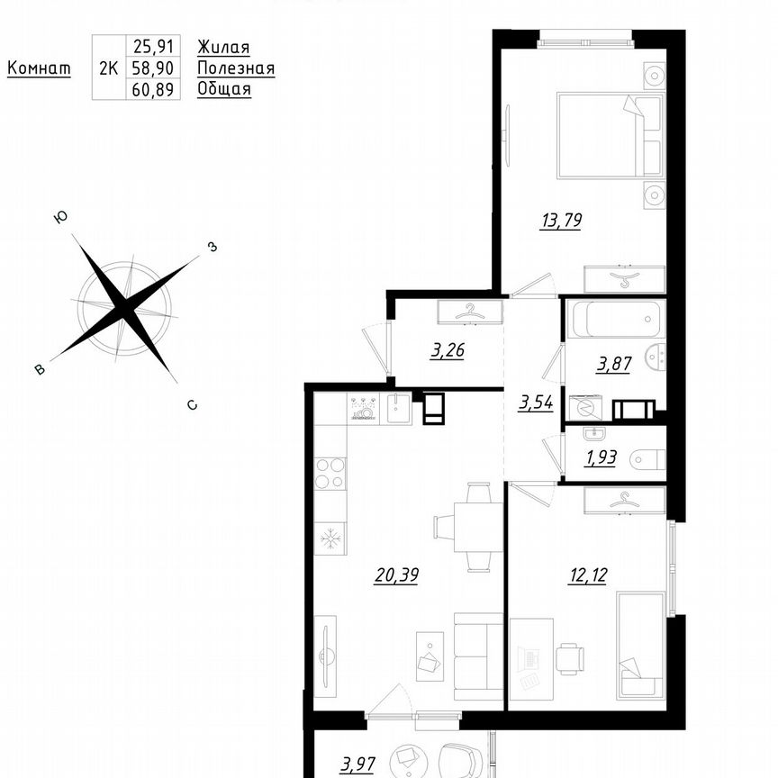 2-к. квартира, 60,9 м², 3/5 эт.