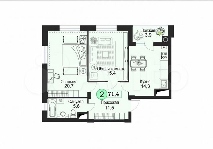 2-к. квартира, 71,4 м², 7/8 эт.