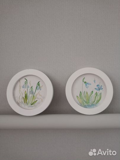 Две акварели в круглой рамке. Продаются парой