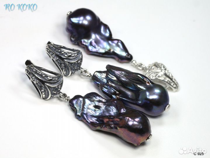 Шикарный жемчуг, комплект серьги и кулон. Серебро