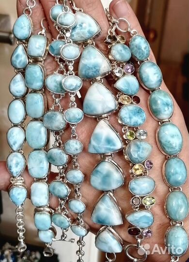 Ларимар браслет серьги кольцо кулон комплект 925п