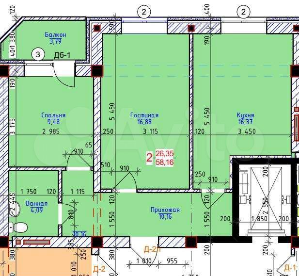 2-к. квартира, 60 м², 4/6 эт.