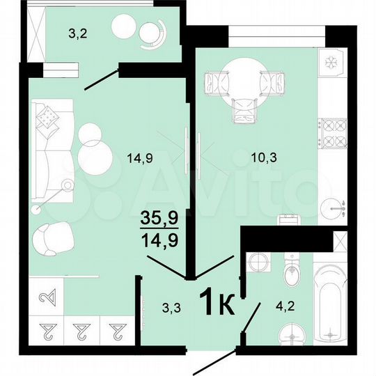1-к. квартира, 35,9 м², 1/8 эт.