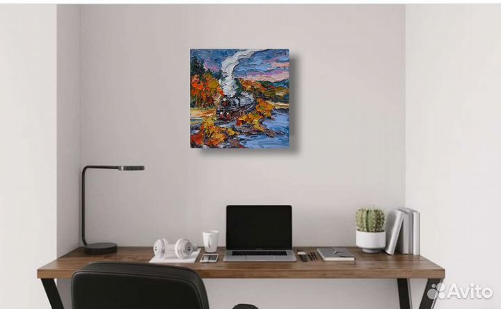 Картина маслом ретропоезд Карелия осенний пейзаж