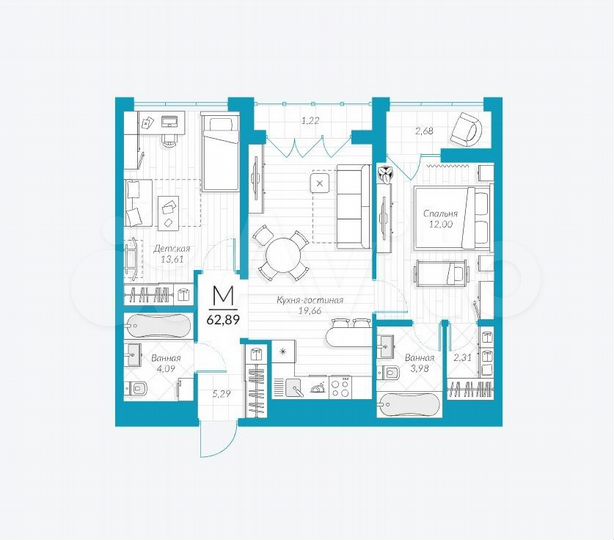 2-к. квартира, 62,9 м², 22/25 эт.