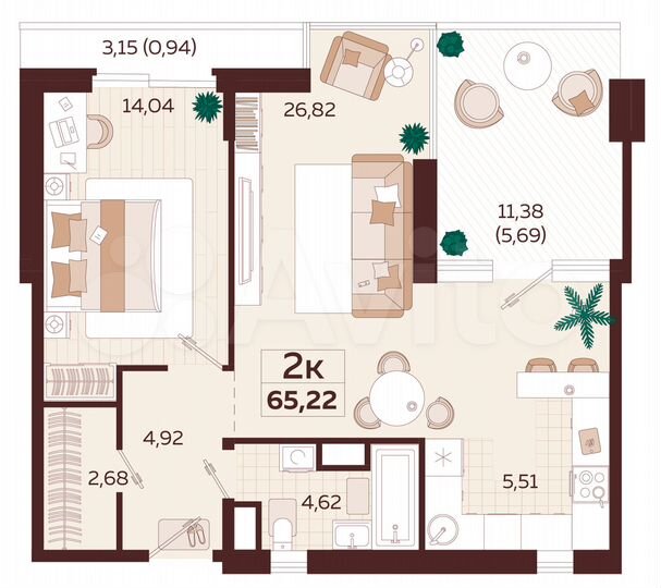 2-к. квартира, 65,2 м², 4/7 эт.