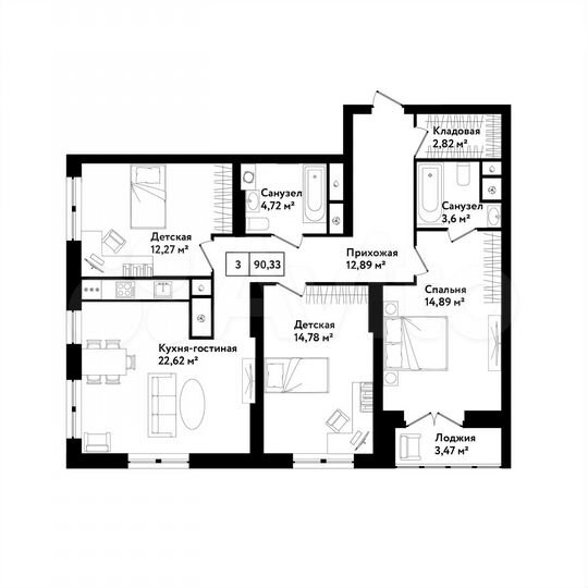 3-к. квартира, 90,3 м², 24/25 эт.
