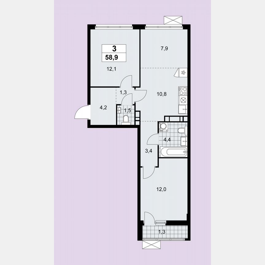 3-к. квартира, 58,9 м², 8/16 эт.