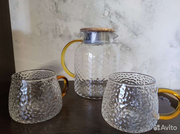 Стеклянный фактурный чайник-кувшин и кружки набор