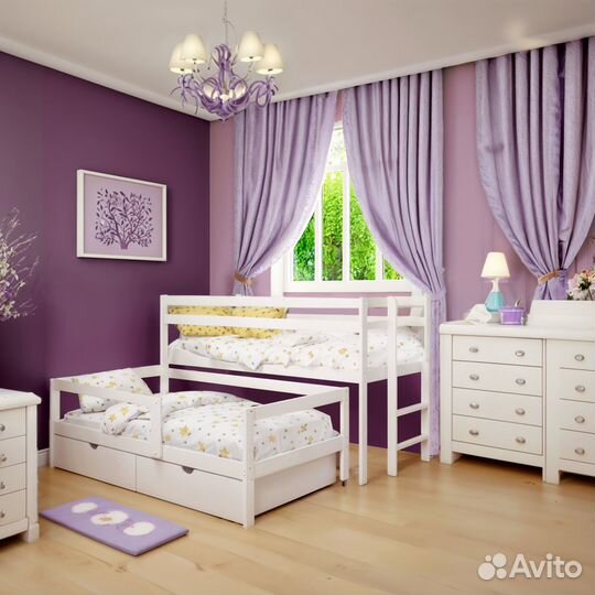 Кровать для 2-х детей из березы белый