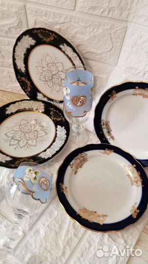 Тарелка, бокалы, фруктница