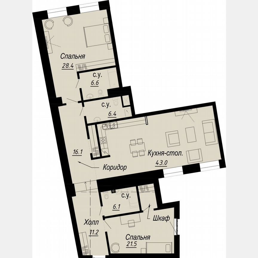 2-к. квартира, 141,8 м², 5/8 эт.