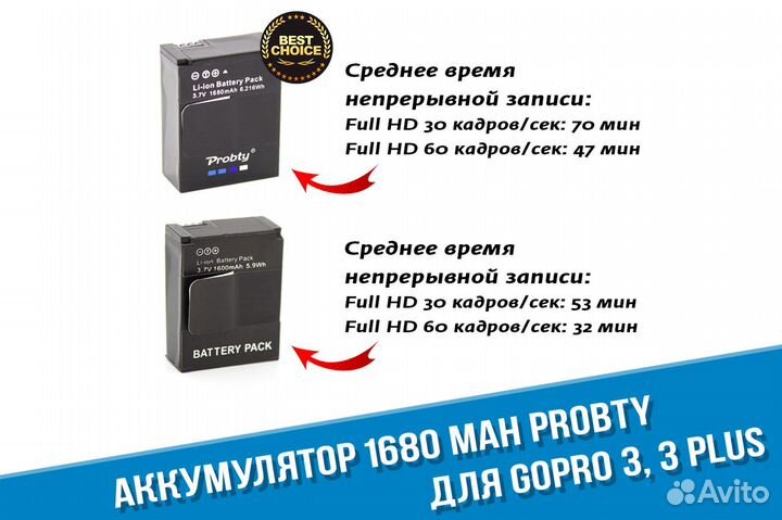 Пять аккумуляторов GoPro 3 3+ увеличенной ёмкости
