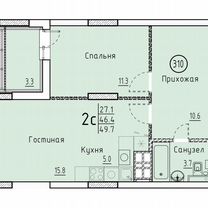 Своб. планировка, 49,7 м², 3/25 эт.