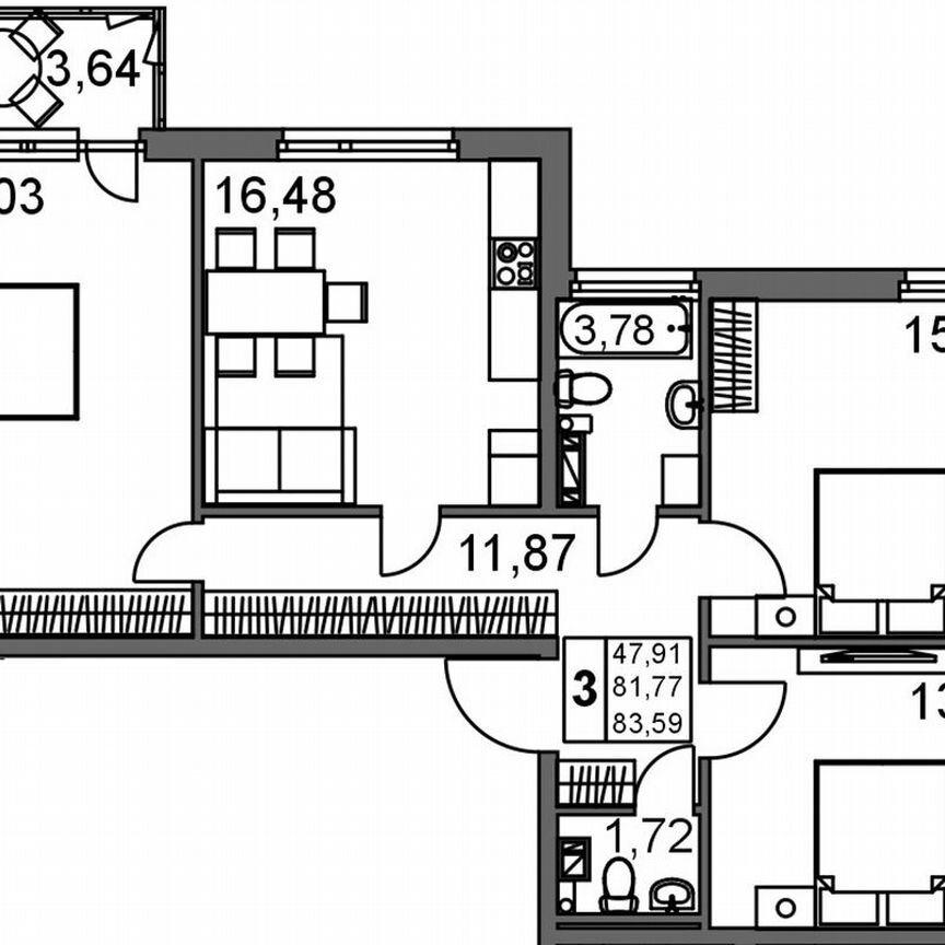 3-к. квартира, 85 м², 2/4 эт.