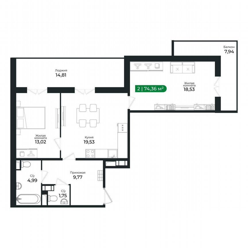 2-к. квартира, 74,4 м², 6/8 эт.