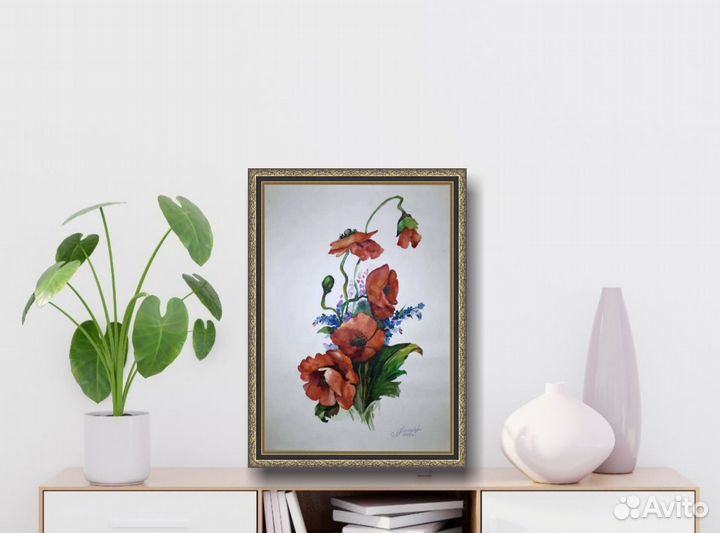 Картина с цветами Маки и незабудки, акварель