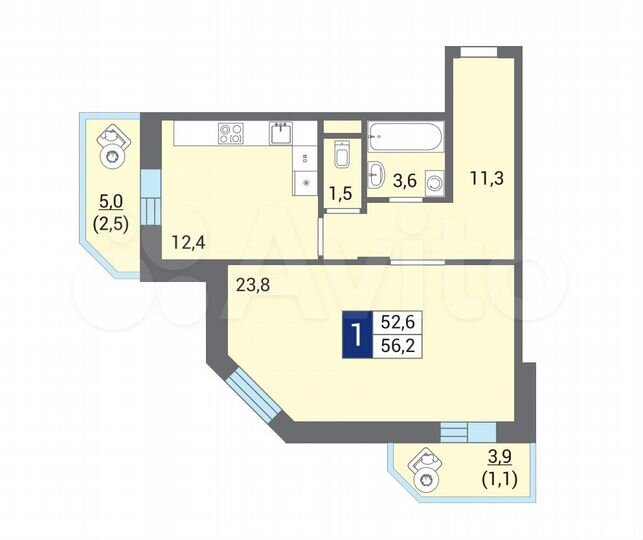 1-к. квартира, 56,4 м², 7/12 эт.