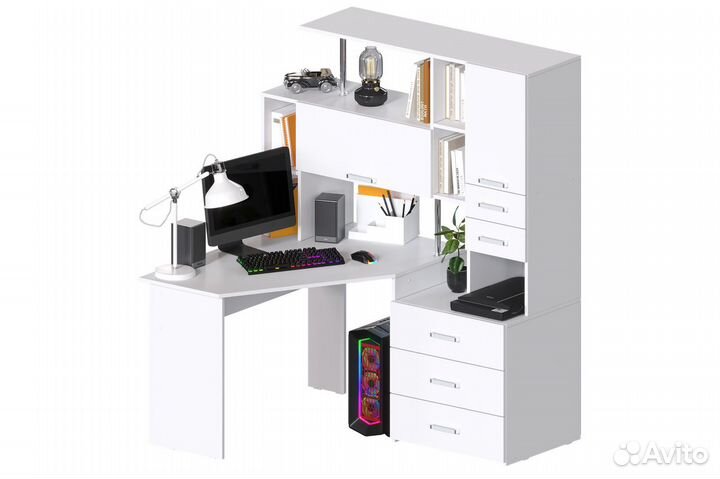 Компьютерный стол угловой с полками белый