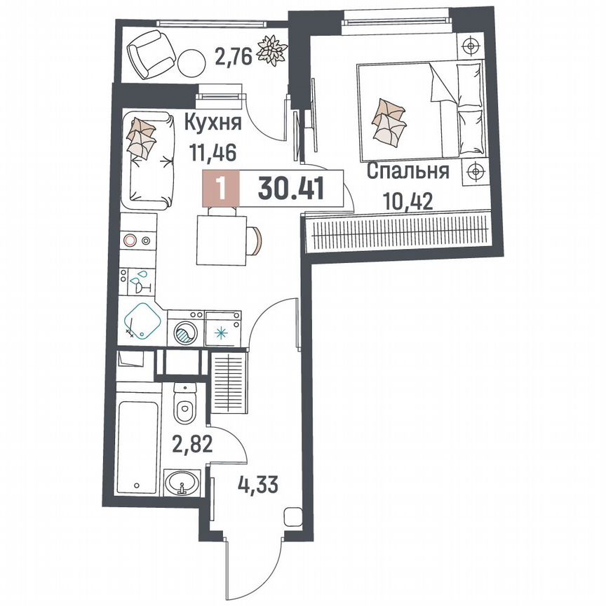 1-к. квартира, 30,4 м², 12/18 эт.