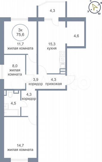 3-к. квартира, 75,6 м², 5/7 эт.
